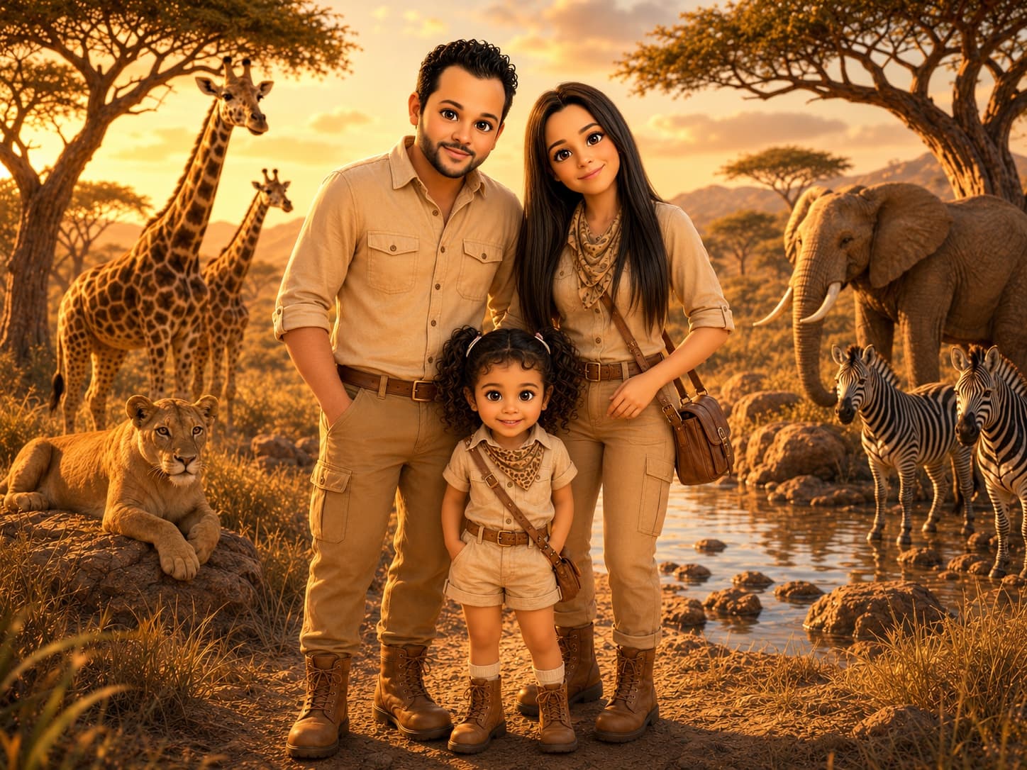 Famille en safari, transformée en cartoon 3D premium