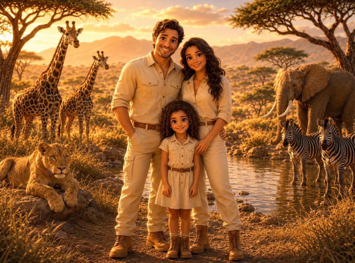 La même famille transformée en cartoon 3D premium, en safari